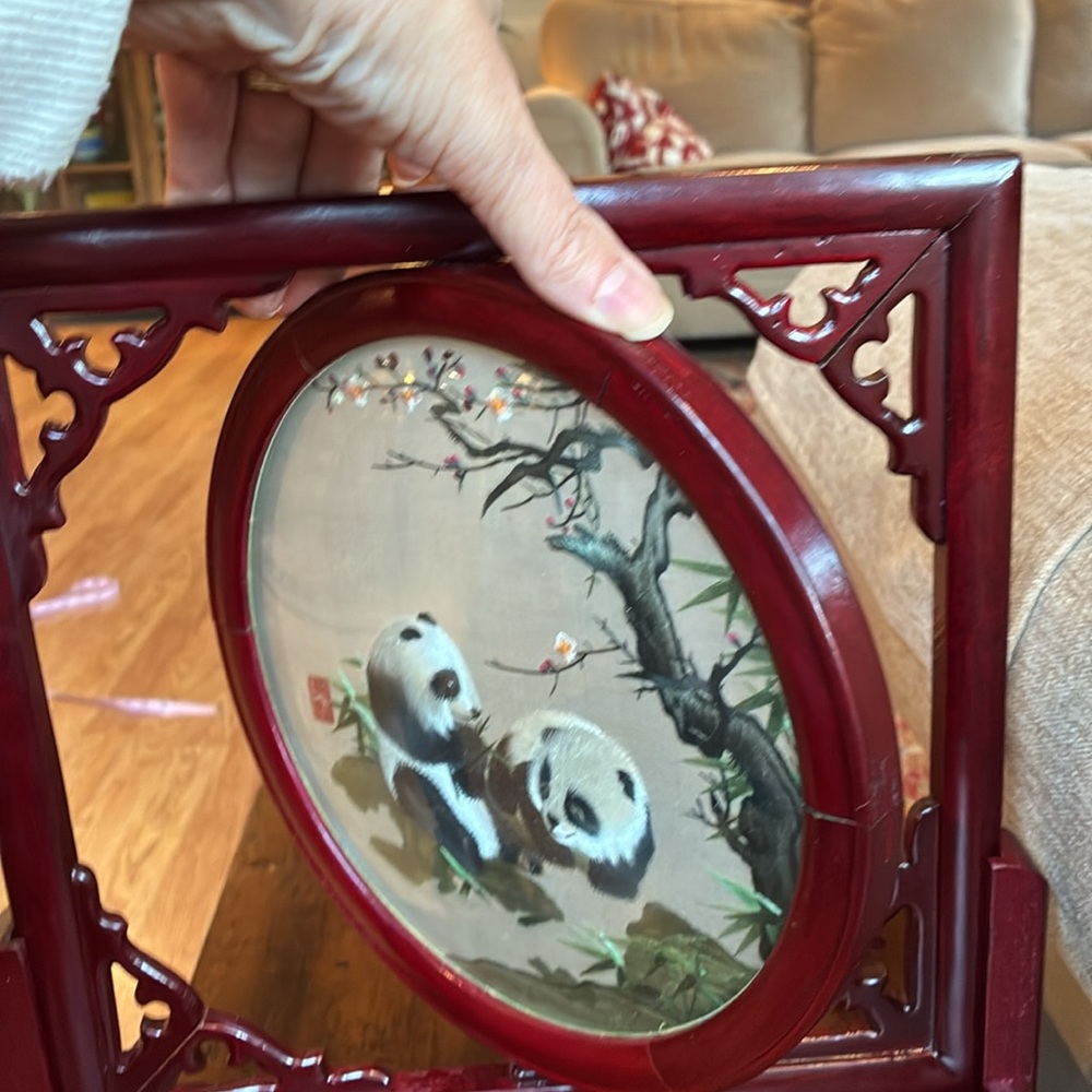 Vintage Table Screen with Silk Panda Embroidery - Burgundy Frame - Picture 5 of 15